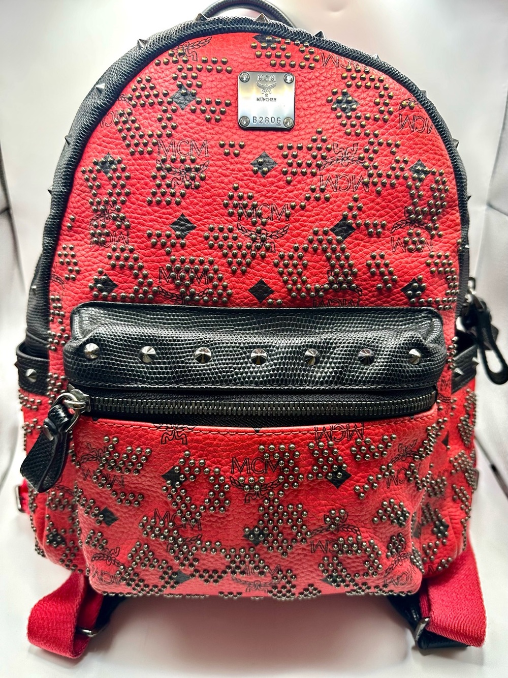 MCM Stark Red Leather Studded Backpack with Black Trim
